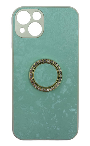 Чехол силиконовый для iPhone 13 (6.1), с подставкой кольцом на палец со стразами, X-CASE, бирюзовый