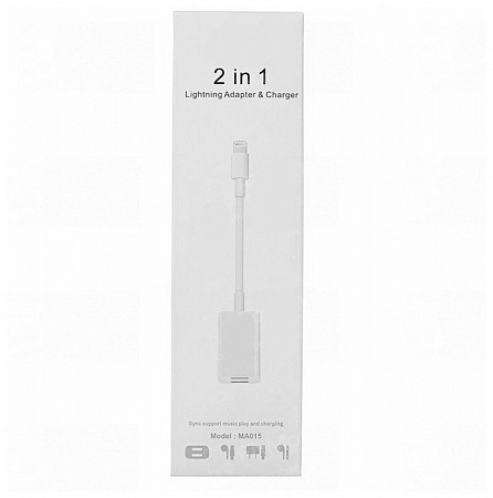 Переходник Lightning to наушники Lightning + зарядка Lightning, без bluetooth, со шнуром, музыка+зарядка, белый
