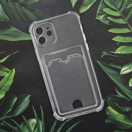Чехол силиконовый для iPhone 12 (6.1), с карманом для карты, с защитой камеры, X-CASE, прозрачный