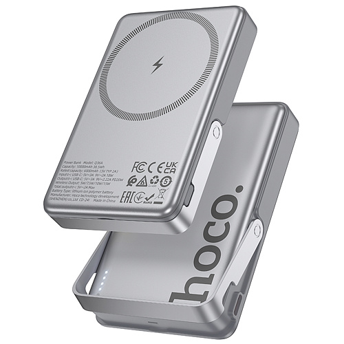 Универсальный Доп. Аккумулятор 10000mAh, Q36A, HOCO, 1 PD 20W, беспроводная зарядка (MagSafe), с подставкой, серый