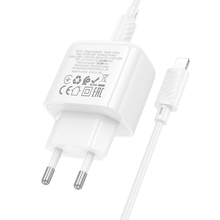Сетевое зарядное устройство, 1 PD 25W (CS53A), HOCO, Type-C to Lightning, белый