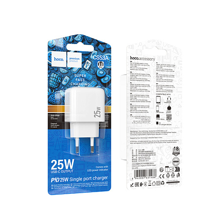 Сетевое зарядное устройство, 1 PD 25W (CS53A), HOCO, белый