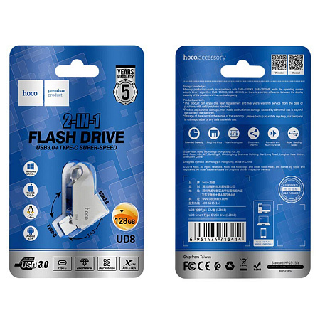 USB Flash Drive 128GB Smart Type-C (UD8) 2 в 1, скорость записи 30-40MB/S, скорость чтения 70-100MB/S