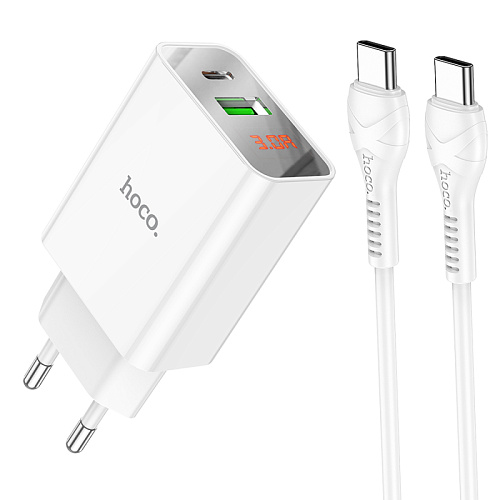 Сетевое зарядное устройство, 1 PD 20W + 1 USB 3.0 QC (C100A), HOCO, Type-C to Type-C, белый