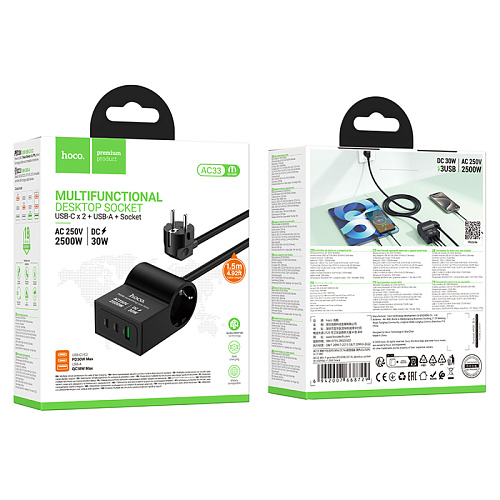 Сетевой фильтр на 1 розетка+1 USB+2 PD, 1.5м, AC33, HOCO, черный