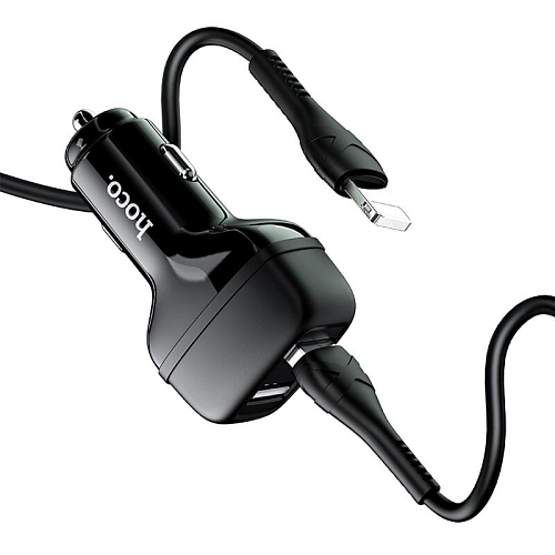 Автомобильное зарядное устройство, 2 USB 2.4A (Z36), usb cable lightning, HOCO, черный