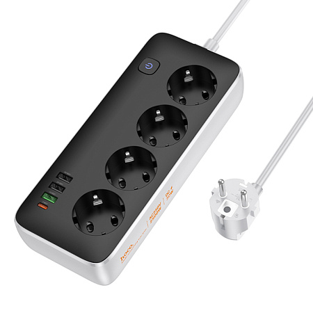 Сетевой фильтр на 4 розетки+3 USB+1 PD(30Вт), 1.5 м, AC22, Sunlight, HOCO, черный