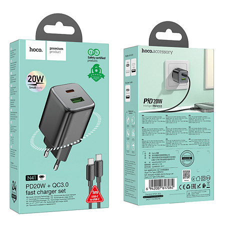 Сетевое зарядное устройство, 1 PD 20W + 1 USB 3.0 QC (N41), HOCO, Type-C to Type-C, черный