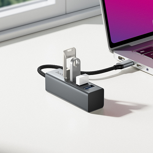 USB Хаб (HB1C) c 1 Type-C на 4 USB 3.0, HOCO, скорость передачи: до 5 Гбит/с, серый