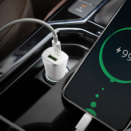 Автомобильное зарядное устройство, 1 USB QC3.0+1 PD (Z31A), HOCO, кабель Type-С to Lightning, белый