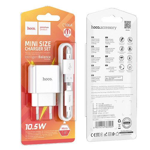 Сетевое зарядное устройство, 1 USB 2.1A (C106A), HOCO, Micro, белый