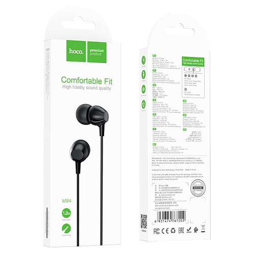 Проводные наушники M94, Universal earphones with microphone, HOCO, вакуумные, черные