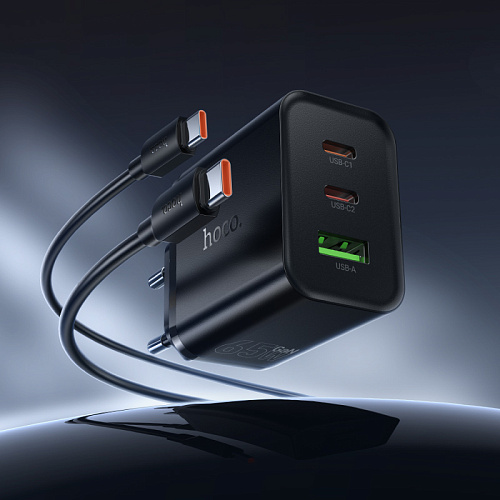 Сетевое зарядное устройство, 2 PD 65W + 1 USB 3.0 QC (N75), HOCO, Type-C to Type-C, черный