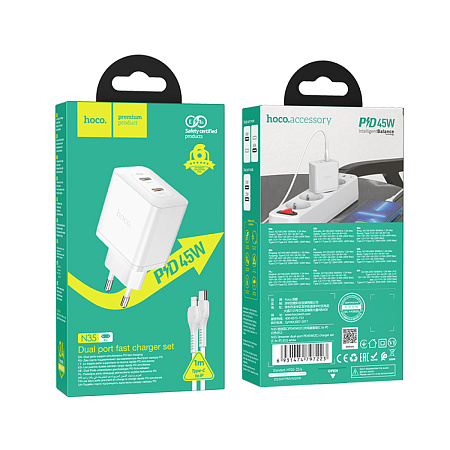 Сетевое зарядное устройство, 2 PD 45W (N35), HOCO, Type-C to Lightning, белый