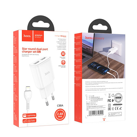 Сетевое зарядное устройство, 2 USB 2.4A (C88A), HOCO, Lightning, белый
