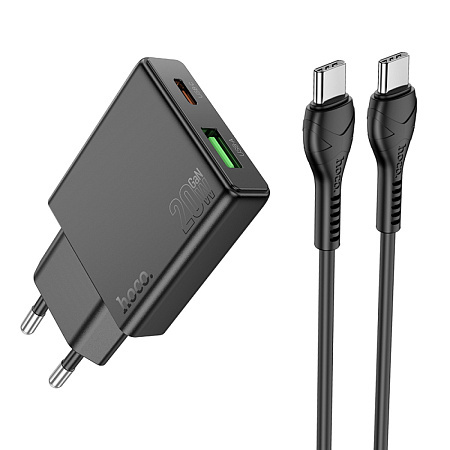 Сетевое зарядное устройство, 1 PD 20W + 1 USB 3.0 QC (N38), HOCO, Type-C to Type-C, черный