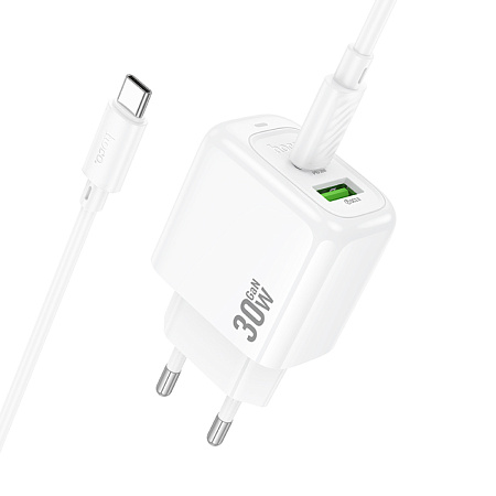 Сетевое зарядное устройство, 1 USB 3.0 QC+1 PD 30W (CS55A), HOCO, Type-C to Type-C, белый