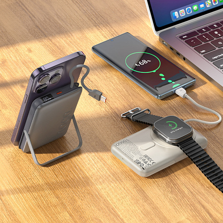 Универсальный Доп. Аккумулятор 10000mAh, Q43, HOCO, 1 PD/Type-C 20W, беспроводная зарядка (MagSafe), с подставкой, серый