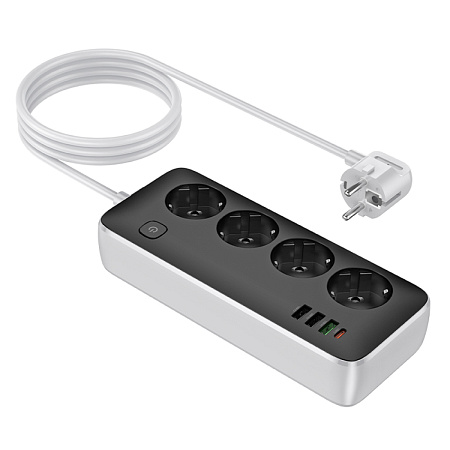 Сетевой фильтр на 4 розетки+3 USB+1 PD(30Вт), 1.5 м, AC22, Sunlight, HOCO, черный