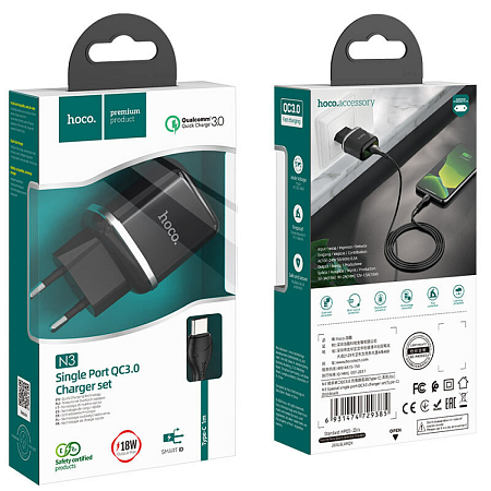 Сетевое зарядное устройство, 1 USB 3.0 QC (N3), HOCO, Type-C, Умная зарядка, черный