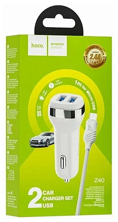 Автомобильное зарядное устройство, 2 USB 2.4A (Z40), usb cable micro, HOCO, белый