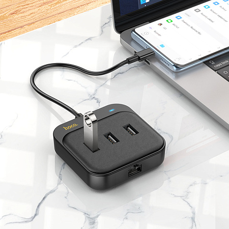 USB Хаб (HB35) с 1 Type-C на 3 USB 2.0+RJ45, HOCO, L=0.2M, черный