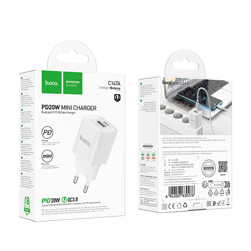 Сетевое зарядное устройство, 1 PD 20W + 1 USB 3.0 QC (C147A), HOCO, мини, белый