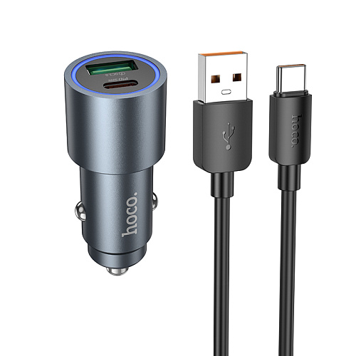 Автомобильное зарядное устройство, 1 USB QC3.0 18W, 1 PD 30W (Z60), HOCO, кабель Type-C, серый