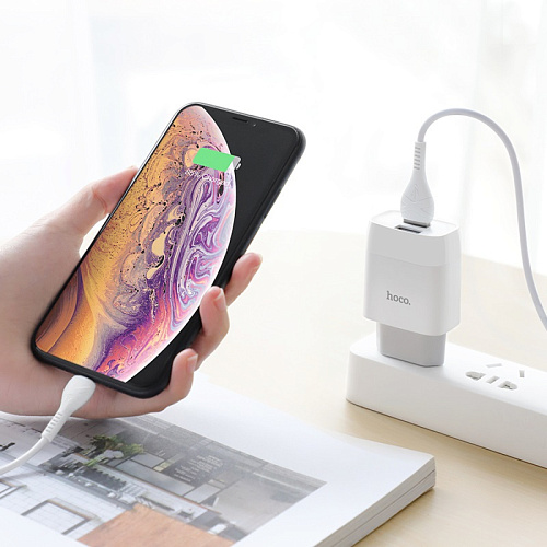 Сетевое зарядное устройство, 2 USB 2.4A (C73A), HOCO, Lightning, белый