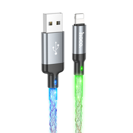 USB дата кабель Lightning, HOCO, U112, 1м, светящийся, серый
