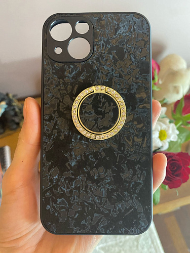 Чехол силиконовый для iPhone 13 (6.1), с подставкой кольцом на палец со стразами, X-CASE, черный