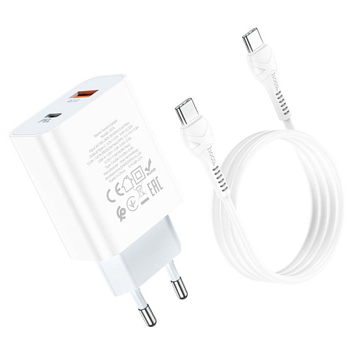 Сетевое зарядное устройство, 1 PD 20W + 1 USB 3.0 QC (C97A), HOCO, Type-C to Type-C, белый