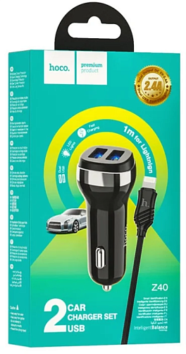 Автомобильное зарядное устройство, 2 USB 2.4A (Z40), usb cable lightning, HOCO, черный
