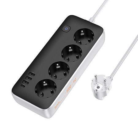 Сетевой фильтр на 4 розеток+3 USB+1 PD, 3м, AC21, HOCO, черный