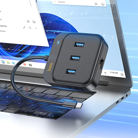 USB Хаб (HB35) с 1 Type-C на 3 USB 3.0+RJ45, HOCO, L=0.2M, черный