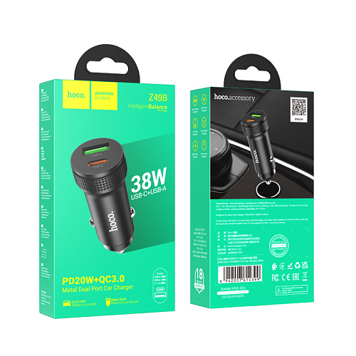 Автомобильное зарядное устройство, 1 USB QC3.0+1 PD 38W (Z49B), HOCO, черный