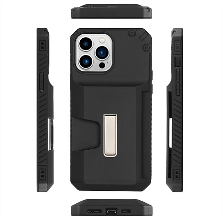 Чехол силиконовый для iPhone 13 Pro (6.1), с карманом для карты, противоударный с подставкой, DU DU, черный