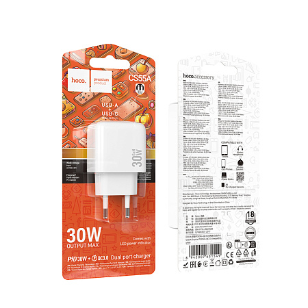 Сетевое зарядное устройство, 1 USB 3.0 QC+1 PD 30W (CS55A), HOCO, белый