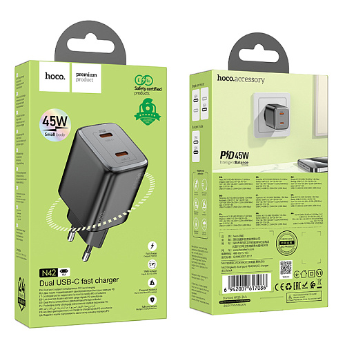 Сетевое зарядное устройство, 2 PD 45W (N42), HOCO, черный
