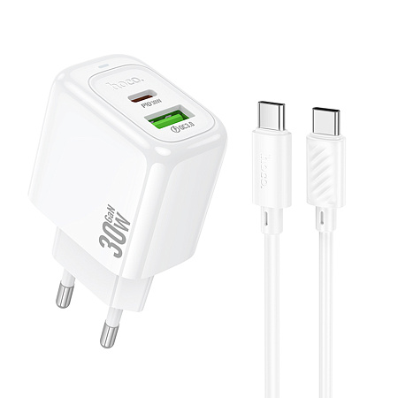 Сетевое зарядное устройство, 1 USB 3.0 QC+1 PD 30W (CS55A), HOCO, Type-C to Type-C, белый