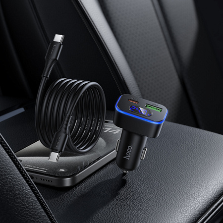 Автомобильное зарядное устройство, 1 USB QC3.0 18W, 1 PD 30W (Z63B), HOCO, кабель Type-C to Type-C, черный