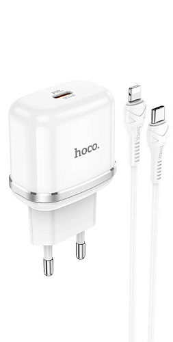 Сетевое зарядное устройство, 1 PD 20W + 1 USB 3.0 QC (N24), HOCO, Type-C to Lightning, белый