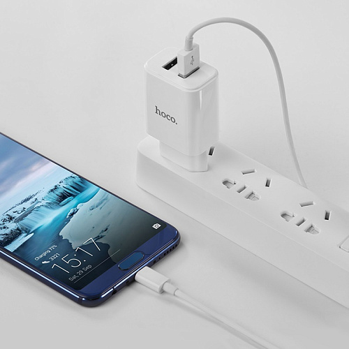 Сетевое зарядное устройство, 2 USB 2.1A (C62A), HOCO, Type-C, Умная зарядка, белый