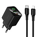 Сетевое зарядное устройство, 1 PD 20W + 1 USB 3.0 QC (CS83A), HOCO, Type-C to Lightning, с дисплеем, черный