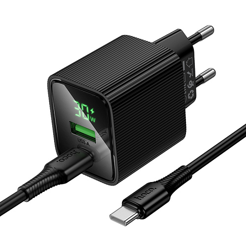 Сетевое зарядное устройство, 1 PD 30W + 1 USB 3.0 QC (CS84A), HOCO, Type-C to Type-C, с дисплеем, черный