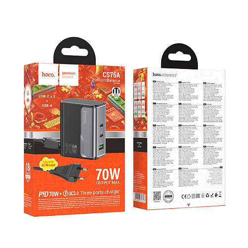 Сетевое зарядное устройство, 2 PD 70W + 1 USB 18W (CS76A), HOCO, черный