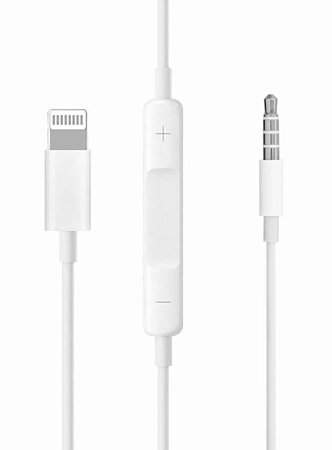 AUX Audio кабель 3,5 мм на Lightning+кнопки регулировки громкости, белый