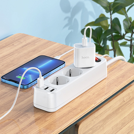Сетевой фильтр на 3 розетки+3 USB, 1.8м, NS2, HOCO, белый