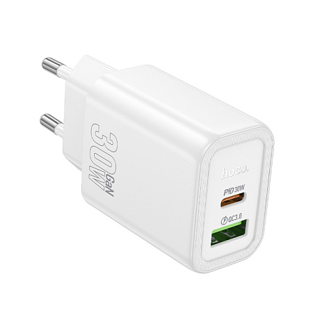 Сетевое зарядное устройство, 1 USB 3.0 QC+1 PD 30W (N63), HOCO, белый