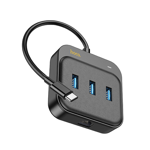USB Хаб (HB35) с 1 Type-C на 3 USB 3.0+RJ45, HOCO, L=0.2M, черный